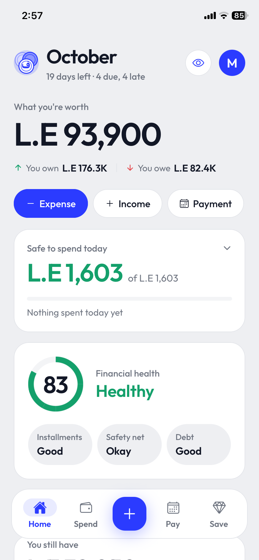 Fakka home screen with the Financial Health Score